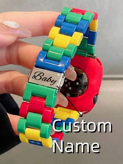 [Customized] Custom Name 2PCS Stylish Candy Color Resin Strap + Silicone Case Compatible With Apple Watch 10 Ultra 9 8 7 6 SE 5 4 Cute Band Compatible With IWatch 41mm 46mm 49mm 45 40 42 44 38