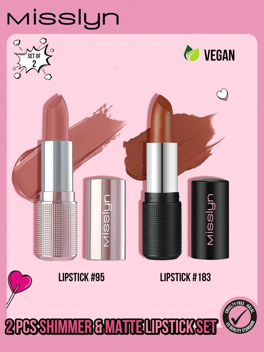 MISSLYN - 2支装珠光哑光唇膏套装，柔滑奶油质地唇膏，滋润不粘腻，奶油滋养缎光唇膏，高光泽浓郁裸色可叠加，哑光唇膏，浓郁哑光显色唇膏，持久哑光唇膏，丝滑柔润唇膏，性感深红色，粉状柔滑质地 - #95+#183 - 查看 1