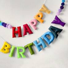 预穿生日快乐横幅、生日快乐横幅套装 - 毛毡球花环 - 生日快乐花环、彩虹生日装饰、生日快乐标志，用于生日装饰、派对装饰、摄影道具、1（生日）+ 24（绒球）