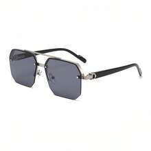 2025 Gafas de sol cuadradas de doble puente de estilo caliente transfronterizo, personalidad europea y americana, gafas de piloto de media montura simples para hombres y mujeres - Película gris azulada con marco plateado - Ver 4