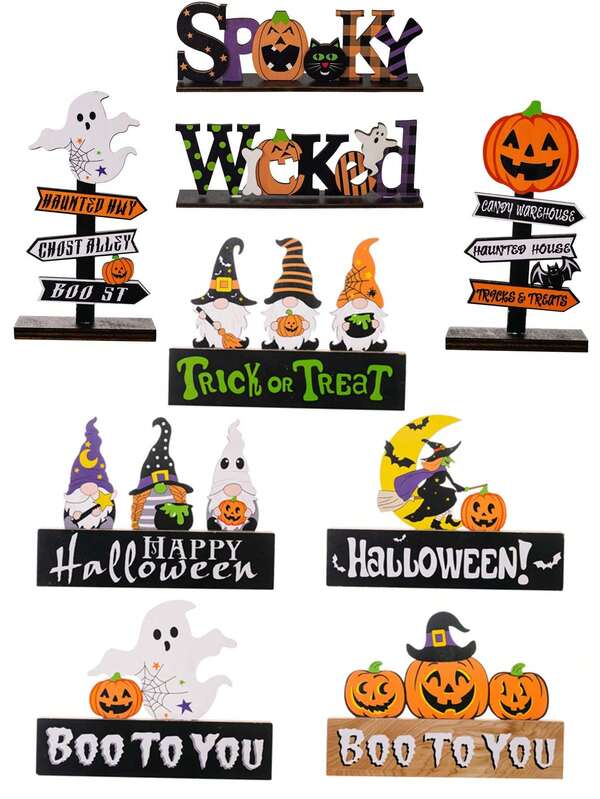 New Halloween Decorations Witch Pumpkin Wooden Ornaments, Halloween Party Tabletop Decor DIY Atmosphere Arrangement Ghost Figurine