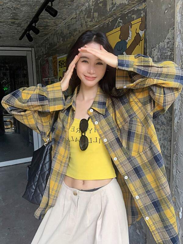 Vintage Aesthetic Thin Plaid Cute Girl Style Long Sleeve Women Shirt, Autumn/Winter