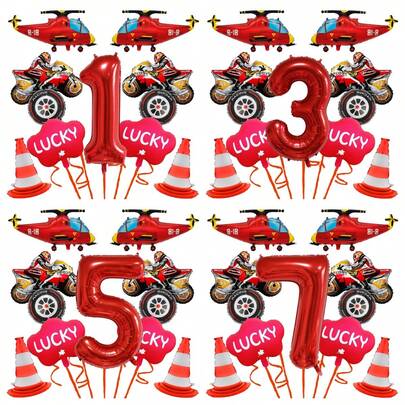 Helikopter, Motorcykel, Moln, Sifferballongset, Innehåller Röda Helikopter- & Motorcykelfolieballonger, Röd Däcklinje, Barriärballonger, Molnballong med LUCKY-bokstäver, 40-tums Röd Sifferballong, Lämplig för födelsedagsdekoration med racingtema