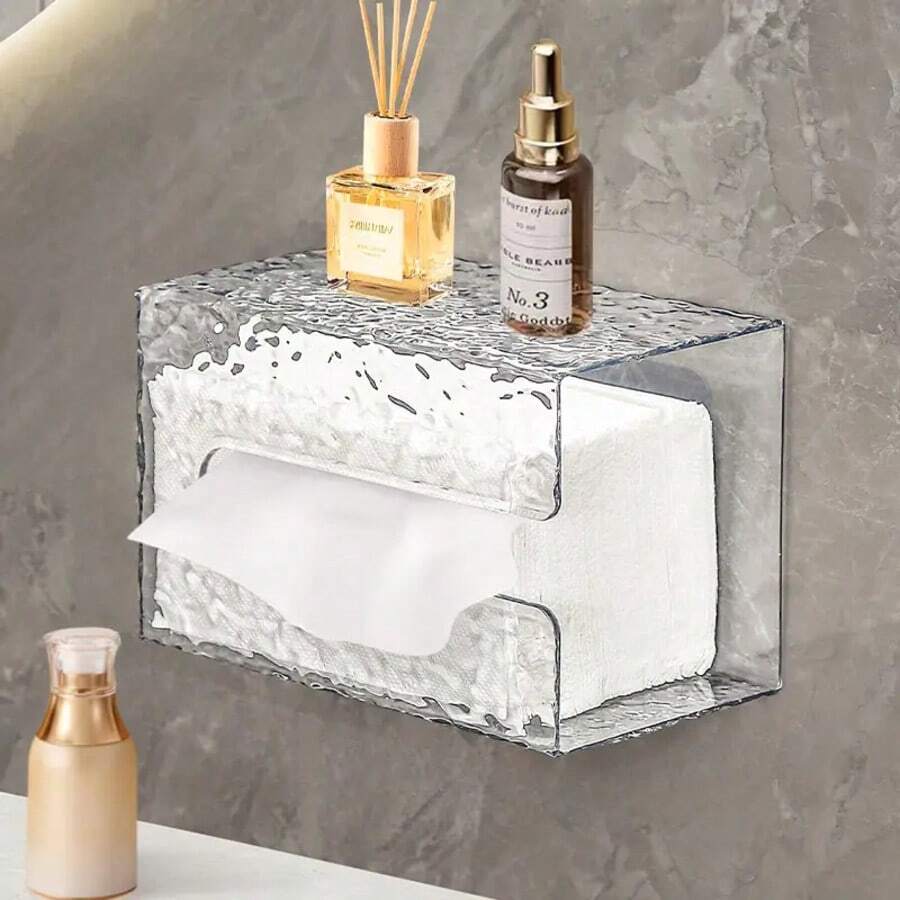 Luxurious Tissue Box With Glacier-Pattern Wall-Mounted Tissue Holder, Premium No-Drill Bathroom Facial Tissue Dispenser, Elegant Home Decor Accessory For Living Room And Powder Room, Ultra-Slim Mount, ABS Construction, Hygienic Cover, Keeps Tissues Clean And Accessible, Modern Coastal-Inspired Design For Contemporary Interiors, Ideal For Small Apartments, Dorm Rooms, Vanity Areas, And Hotel Suites; Space-Saving, Moisture-Resistant, Easy Wipe-Clean Finish, Anti-Slip Base, And Hidden Mounting System For Clutter-Countertops