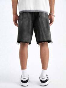 欧美青少年男士黑色磨边毛边休闲风修身直筒牛仔短裤