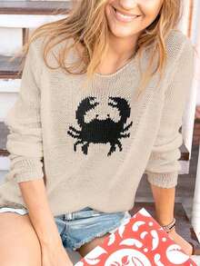 Women Lobster Graphic Knit Sweater Y2k Long Sleeve Crew Neck Oversized Pullover Warm Sweaters Fall Winter Knitwear - Màu be - Xem 1