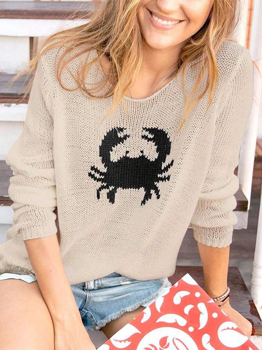 Women Lobster Graphic Knit Sweater Y2k Long Sleeve Crew Neck Oversized Pullover Warm Sweaters Fall Winter Knitwear - Màu be - Xem 1