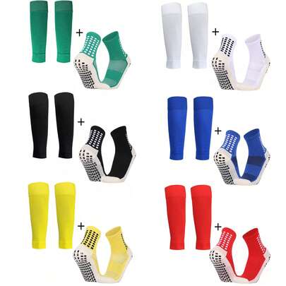 Bộ tất đá bóng và bảo vệ ống chân cho trẻ em, tất ống chân đá bóng trẻ em, tất thể thao bóng đá chống trượt có chấm bi, thích hợp cho việc tập luyện của trẻ em, ngoài trời, chống mài mòn, phù hợp cho bé trai và bé gái từ 10-18 tuổi