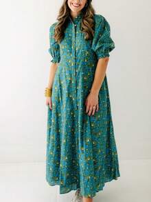 Women's Green Small Flower Pattern Long Shirt Dress, Lapel, Puff Sleeve,Buttons Down, Side Pockets, A-Line Dress, Casual And Elegant, Suitable For Daily Life And Parties - 墨綠色 - 查看 3