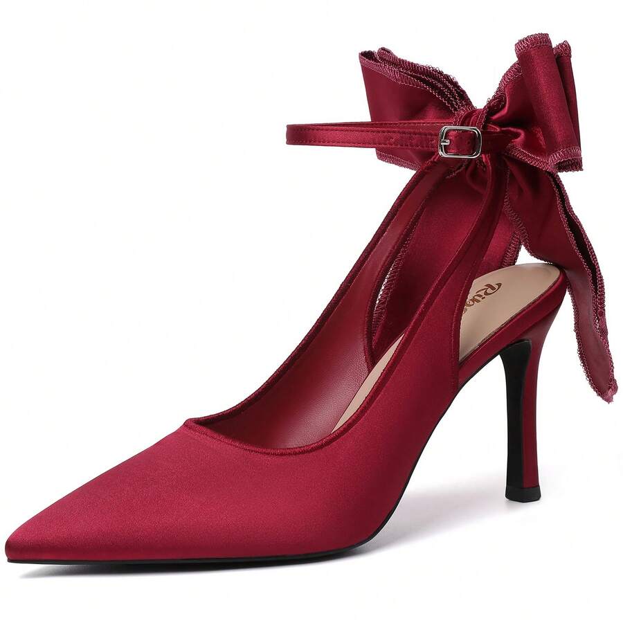 High Heels For Womens Bow Heels With Strappy Wedding Satin Shoes For Bride Closed Pointed Toe Stiletto Slingback Pumps Sexy Ankle Strap Prom Dressy Party Bridesmaid Shoes - 紅色 - 查看 1