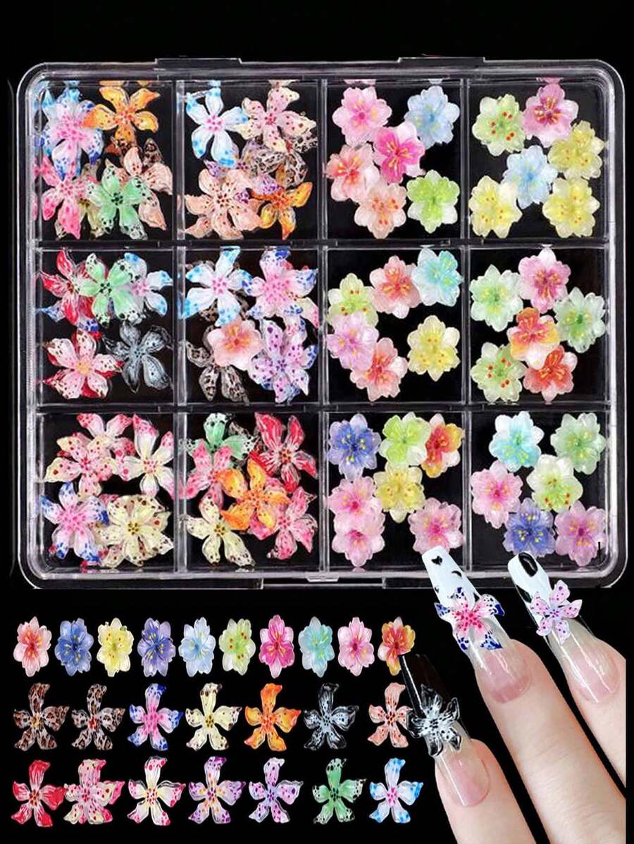 12件套3D混合风格雕刻冰晶花美甲装饰品，水果果冻色树脂3D百合花可佩戴美甲配件水晶宝石，奢华美甲装饰，男女通用，美甲配件，优雅美甲饰品 | 水晶宝石花，美甲装饰，美甲宝石，美甲用品 - 彩色 - 查看 1