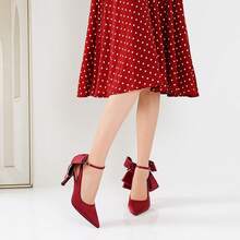 High Heels For Womens Bow Heels With Strappy Wedding Satin Shoes For Bride Closed Pointed Toe Stiletto Slingback Pumps Sexy Ankle Strap Prom Dressy Party Bridesmaid Shoes - 紅色 - 查看 4