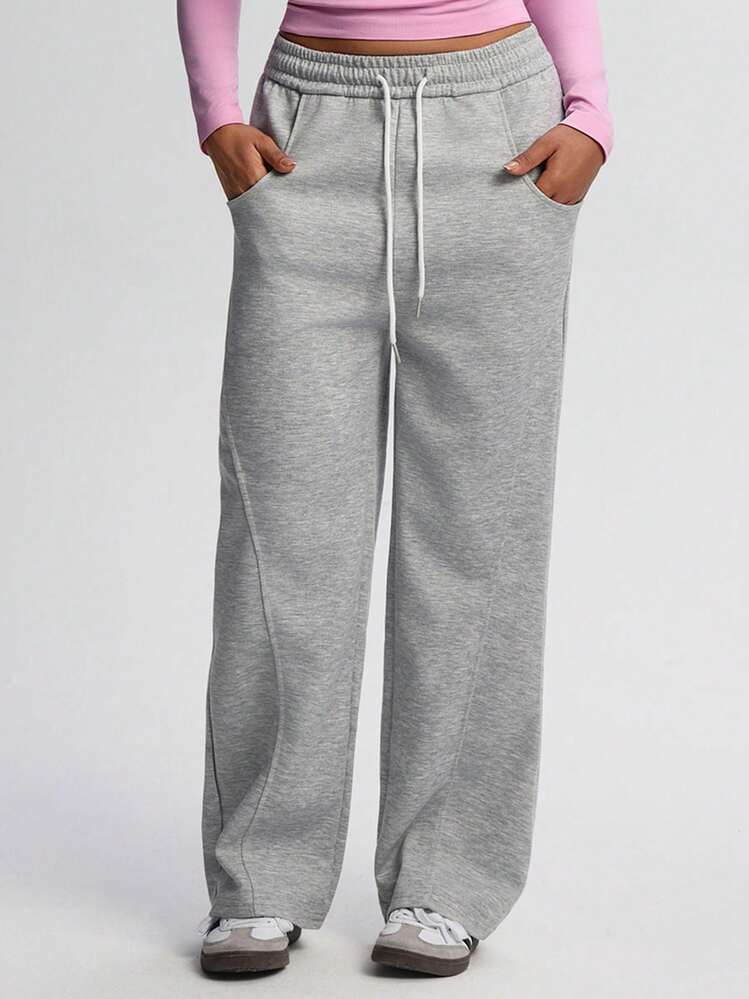 Women'S Casual High Waist Drawstring Loose Straight Leg Sweatpants, High Elastic Waist With Drawstring, Loose & Comfortable For Sports, Exercise, School, Casual Wear, Suitable For Autumn/Winter Tights - Dark Grey - View 7