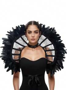 Dark Gothic Style Tied Cloak, Embroidered Fan-Shaped Mesh Cloak With Spider Web Pattern Black Themed Role-Playing Props And Accessories Black Cape - With Feathers - View 1
