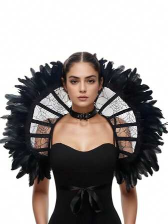 Dark Gothic Style Tied Cloak, Embroidered Fan-Shaped Mesh Cloak With Spider Web Pattern Black Themed Role-Playing Props And Accessories Black Cape