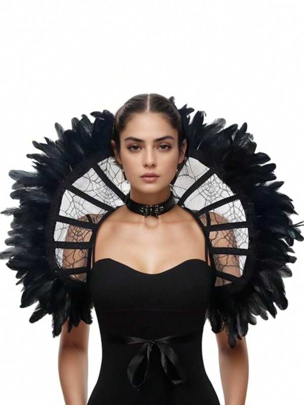 Dark Gothic Style Tied Cloak, Embroidered Fan-Shaped Mesh Cloak With Spider Web Pattern Black Themed Role-Playing Props And Accessories