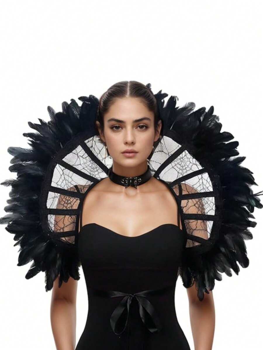 Dark Gothic Style Tied Cloak, Embroidered Fan-Shaped Mesh Cloak With Spider Web Pattern Black Themed Role-Playing Props And Accessories Black Cape - With Feathers - View 1