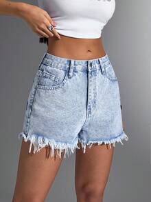 Jeanoix Slant Pocket Casual Raw Hem Denim Shorts - Light Wash - View 4