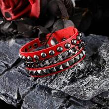 Eigso 3 Pcs Leather Punk Bracelets Men Women Of Rock Rivet Wrap Retro Spike Bracelet Adjustable - 紅色 - 查看 8