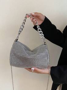 Shiny Rhinestone Hollow Metal Chain Decor Zipper Closure Women's Shoulder Bag