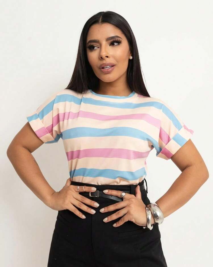 Women's Striped Viscose T-Shirt Casual Comfortable Plain Japanese Sleeve T-Shirt - Colores rayados - Añade 4