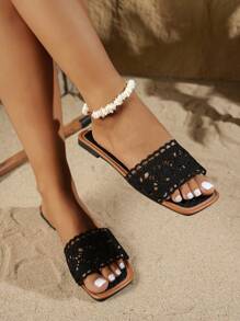 女士夏季新款黑色蕾丝镂空钩花奢华时尚百搭拖鞋，亚麻鞋垫-夏日沙滩休闲风，网红推荐的复古波西米亚风，仙气十足的法式简约度假平底凉鞋