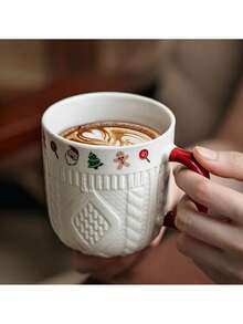 1/2pcs Ceramic Couple Mugs, Embossed Holiday Pattern - Christmas And Valentine's Day Gifts, Home Kitchen Red Handle Dishwasher Coffee Cups, Holiday Mug Gifts | Romantic Gift Mugs | Ceramic, Coffee Couples Gifts | Valentine's Day And New Year Gifts, Lady Milk Cup, Coffee Cup, Water Cup - Multicolor - View 9