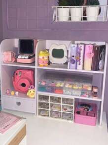 1个白色桌面收纳架，适用于卧室、客厅、办公室、书桌、梳妆台、宿舍，可收纳笔、马克笔、胶带、小雕像、书籍、电脑、杯子、化妆品等桌面物品。（请勿强行安装，标准尺寸，适合桌面使用）