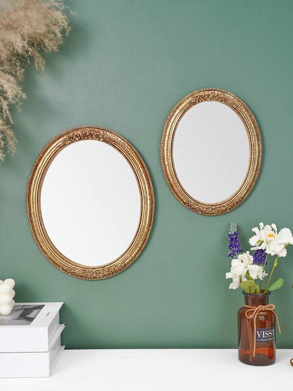 1pc Vintage Gold Lace Pattern Oval Decorative Wall Mirror, European Style Home Decor Art Piece, Creative Vanity Mirror, Suitable For Wall Decor, Makeup Table And Photography Props