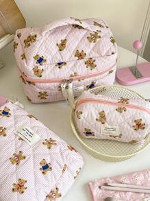 1个粉色条纹泰迪熊化妆包，万圣节不给糖就捣蛋，时尚休闲大容量拉链化妆包，文具收纳袋，旅行必备，女士礼物 - 粉色 - 查看 12