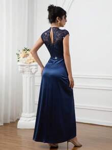 Đầm nữ thanh lịch ren đính sequin, hở lưng, xẻ tà, thích hợp cho Giáng sinh, Năm mới, các ngày lễ, sinh nhật, họp mặt, tiệc tùng, dạ hội, tiệc tối trang trọng, tiệc cocktail, đám cưới, hẹn hò. - Màu xanh hải quân - Xem 5