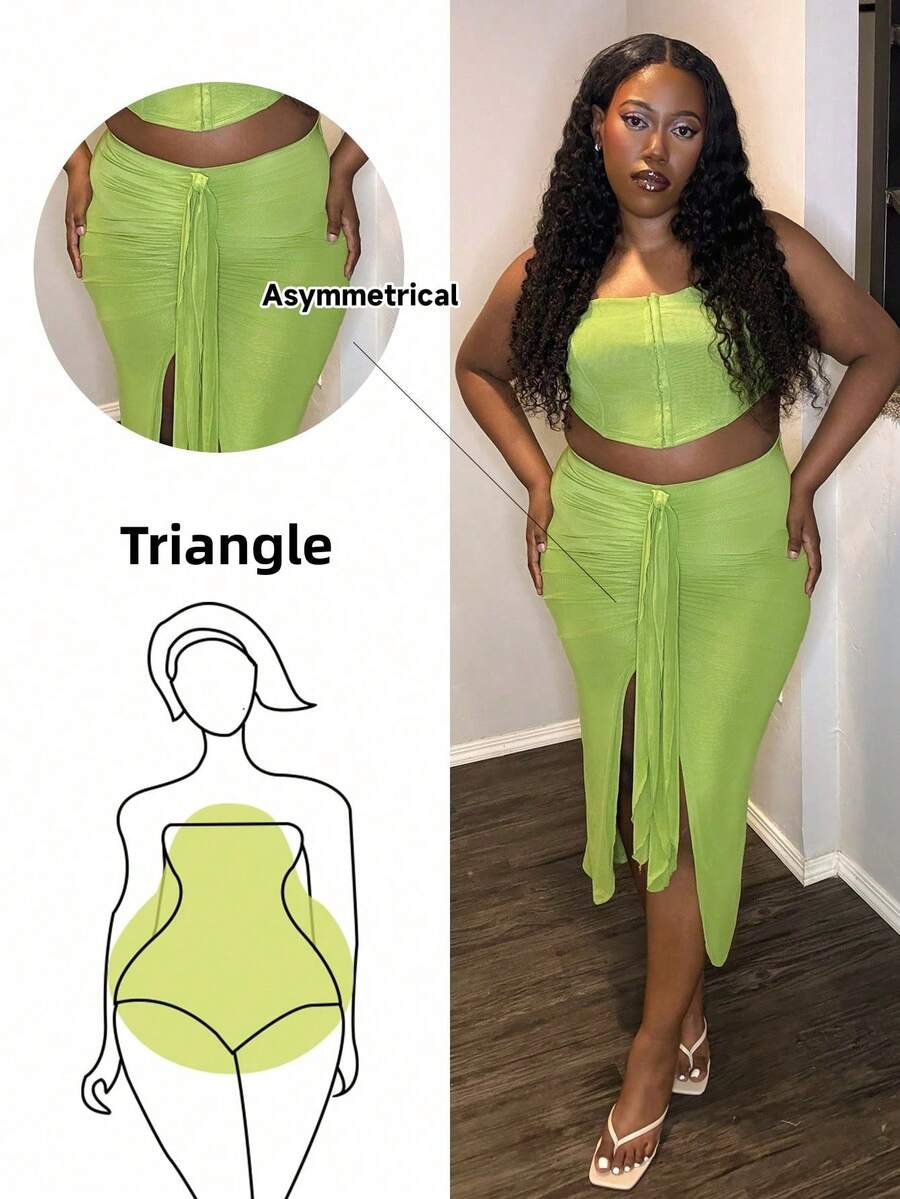 Truni Awkwardfatgirl Plus Size Women's Strapless Top & High Waist Ruched Skirt With Ruffle Hem For Elegant Summer Date, 2-Piece Set, For Pear Triangle Body Shape - Green - View 1