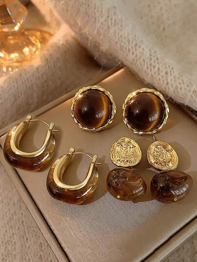 3 Pairs Vintage Elegant Soft Brown Resin Inlaid Earrings Set, Versatile For Daily, Party, And Formal Occasions, Autumn/Winter