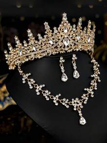 1 Set de Accesorios Nupciales - Corona con decoración de Cristal Rojo, Collar, Aretes (4 piezas), Conjunto de Joyería de Boda, Adecuado para Vestido de Novia, Vestido de Gala, Baile de Graduación, Fiesta - Dorado - Ver 4