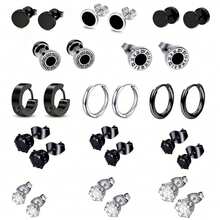 1 Set Men's Stainless Steel Earrings (14pcs/8pcs/1pc), Black And Silver Cubic Zirconia Stud Earrings, Hoop Earrings, Earrings For Men - Multicolor - View 17
