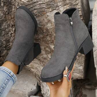 Women's Round Toe Chunky Heel Mid-Heel Side Zipper Elegant Short Boots, Fashion Suede High Heel Dress Boots