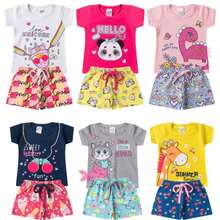 Kit 8 Peças de Roupa Infantil Menina Feminino Verão 1 ao 16 com 4 Blusas + 4 Shorts - Multicolorido - Visão 8