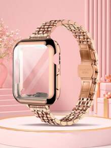 2 件/套兼容 - 玫瑰金金属可拆卸不锈钢表带 + TPU 保护壳（带屏幕保护膜），适合 38 毫米 40 毫米 41 毫米 42 毫米 44 毫米 45 毫米 49 毫米手表系列 1-8、SE、Ultra，送给家人和朋友的理想礼物