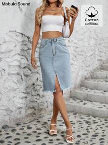 Middle East Spring/Summer Casual Vacation Y2K Campus Fashion Split Hem Denim Midi Skirt, Suitable For Young Women And Students - Blue - View 1