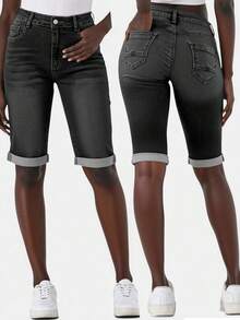女士休闲水洗修身牛仔短裤，夏季 - 黑色 - 查看 2