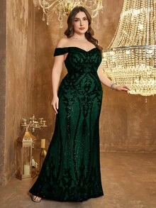 UNITHORSE Plus Size Women Off Shoulder Backless Dress, Glitter Sequins Decoration, Elegant Evening Party Dress, Bride Dress, Birthday Outfits, Graduation Dress, Formal Dress, Fall Women Clothes - 墨綠色 - 查看 6