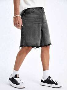 欧美青少年男士黑色磨边毛边休闲风修身直筒牛仔短裤