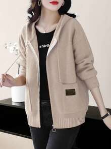 女士宽松拉链连帽卫衣，厚针织卫衣外套，适合秋冬和春季 - 駝色 - 查看 5
