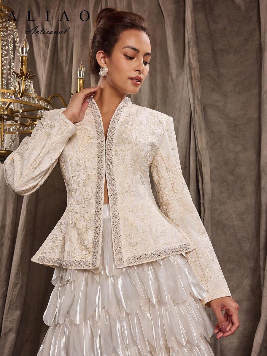 A&A 精致串珠蕾丝拼布提花收腰 V 领开衩下摆西装外套、舞会套装、优雅日常穿着和商务休闲夹克、婚礼宾客礼服、复古风格、端庄、婚礼季、情人节装扮、秋冬、白色派对活动、老派风格、宫廷风格