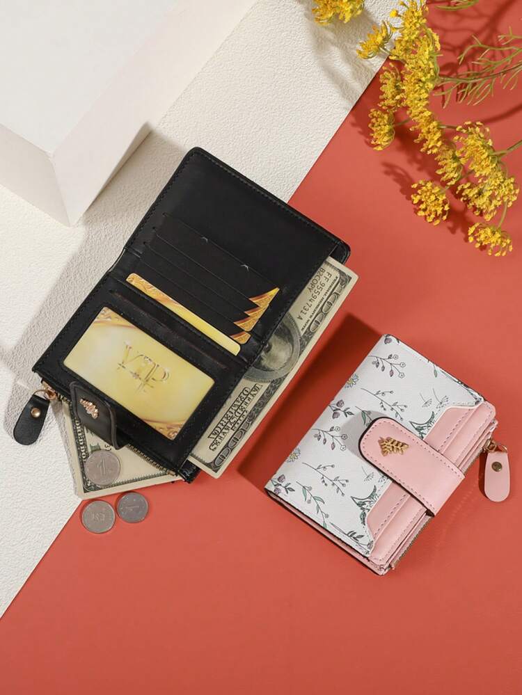 MADLEY 优雅花卉印花金属纽扣女士小钱包钱夹迷你钱包钱包秋季小钱包可爱钱包 - 黑色 - 查看 11