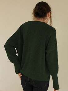 Knit Mix 优雅女士针织法式通勤毛衣，休闲宽松长袖圆领套头衫，适合秋冬季、圣诞节、感恩节、新年、情人节等节日穿着，是返校季和秋季女装的理想选择。 - 軍綠色 - 查看 2