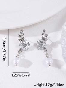 1 Pair Fashionable & Luxurious Women's Personalized Leaf & Flower Pearl Rhinestone Silver Earrings, Suitable For Daily Wear - Silver - View 3