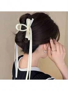 1pc Sweet Satin Bow Ribbon Hair Claw Clip, Versatile For Bun Hairstyle, Suitable For Work And Daily Wear, Spring/Summer - White Streamer - View 6