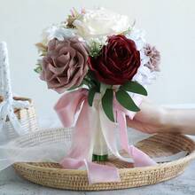Dusty Blue Wedding Bouquets For Bride Bridesmaid, White Wedding Artificial Roses Flowers For Wedding Bouquets Ceremony, Anniversary - Burgundy & Dusty Rose - View 6