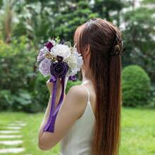 Dusty Blue Wedding Bouquets For Bride Bridesmaid, White Wedding Artificial Roses Flowers For Wedding Bouquets Ceremony, Anniversary - 紫色和奶油色 - 查看 6